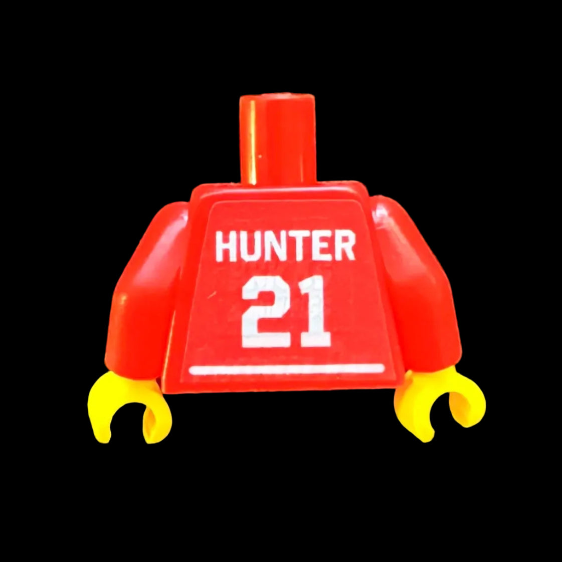 Red toy piece with 'HUNTER 21' text on a dark background. Red lego torso with New York Admirals Lego Hockey Jersey print. Back view.