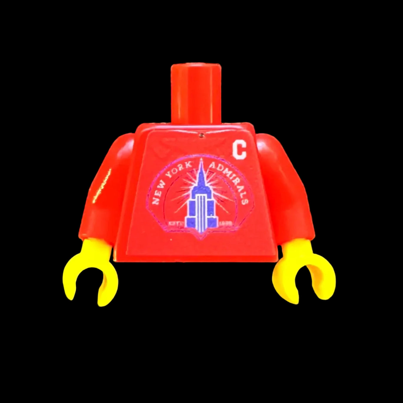 Red lego torso with New York Admirals Lego Hockey Jersey print. Front view. 